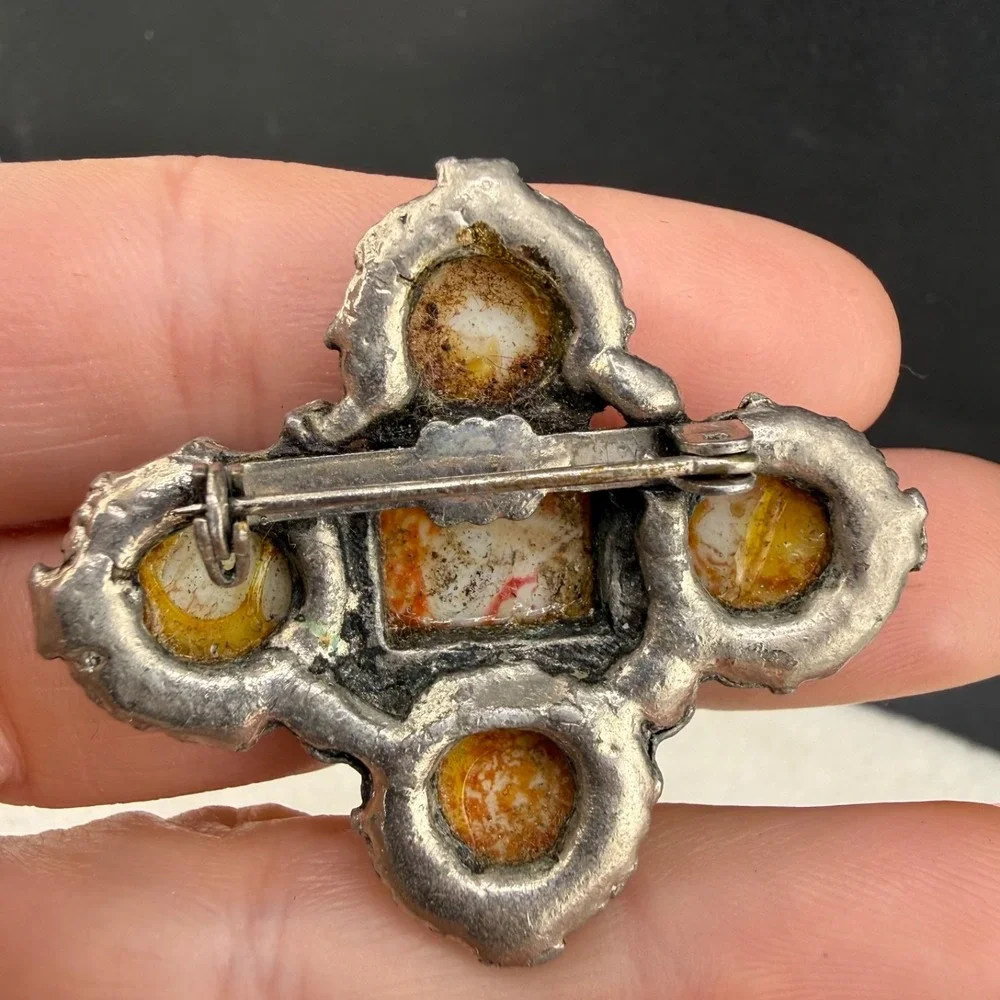 Vintage Polished Stone Celtic Brooch Silver Tone Western